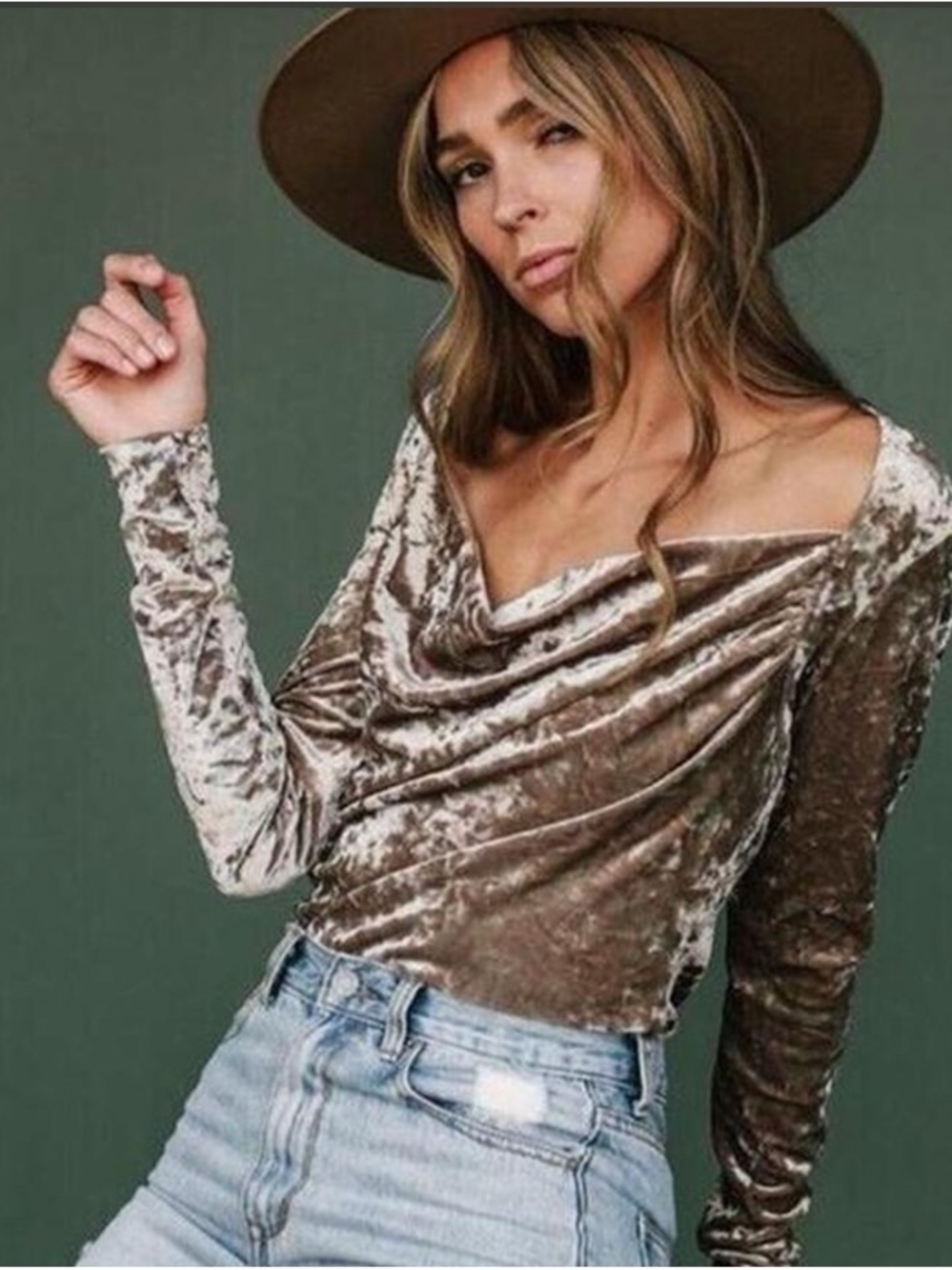 Free People Taupe Velvet Cowl Long Sleeve Top